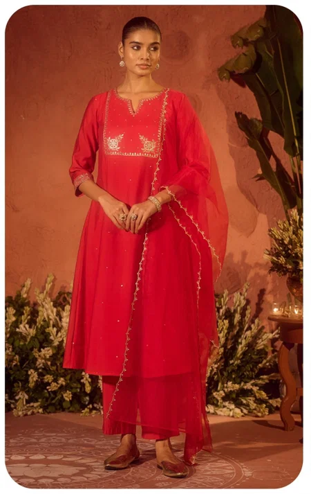Red Colour Viscose Chanderi Online Kurti With Bottom Dupatta Wholesale SET0231